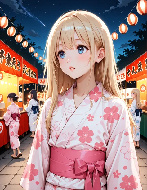 anime, solo, shiina_anzu, blonde hair, long hair, blue eyes, parted lips, young, flat chest, white yukata, pink yukata, looking away, japan, summer festival, night, sky,
