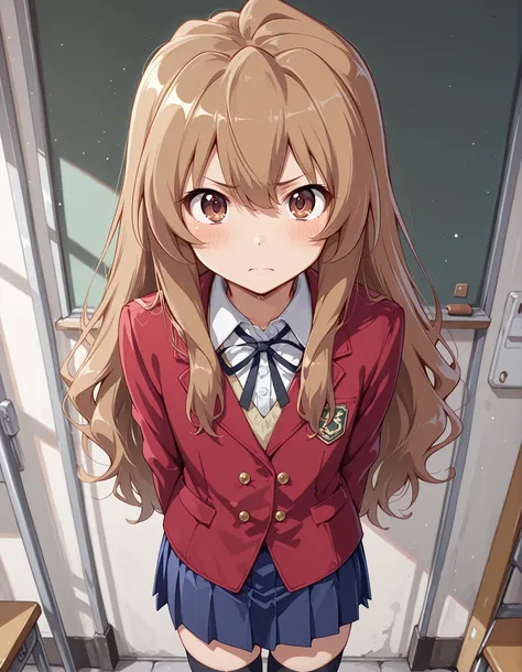 tagai, solo, Taiga Aisaka,1girl, school uniform, light brown hair, long hair, long hair, brown eyes, red jacket, blue skirt,pleated_skirt, black thighhighs,