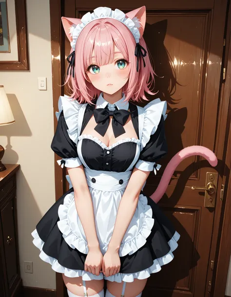gobo lighting, shadow, catgirl, ears, tail, maid_outfit, pink_hair, bowtie, looking_away