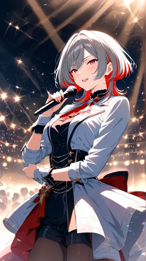 anime, masterpiece, best quality, 4K, solo, full-body, mature female idol on stage, gray hair with red highlights, red inner color, wolf cut hairstyle with sharp layers, side locks framing her face, sharp and calm eyes, composed expression, elegant and coo...