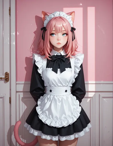 gobo lighting, shadow, catgirl, ears, tail, maid_outfit, pink_hair, bowtie, looking_away