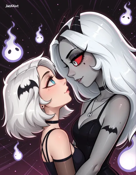 JizokuStyle, white hair , Grey skin , eye contact , bat_hair_ornament , Hitodama , artificial eye