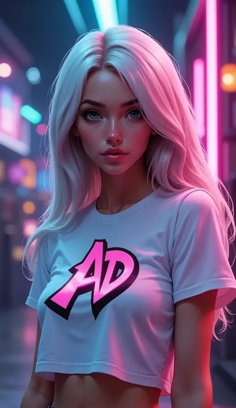 A striking digital illustration of a beautiful young woman with long, wavy white hair featuring subtle pink highlights, styled in a cropped white t-shirt adorned with a vibrant, graffiti-style "AD" logo. The composition is captured from a waist-up perspect...