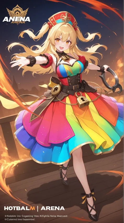 female, Colourful Noble Dress, lock sickle,  Hot Arena, dynamic pose on the back in heat