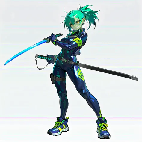(((masterpiece))), (((Best Quality))), ((Ultra-detailed)), (High Definition anime Illustration), ((extremely delicate and beautiful)),((1 orc girl)),solo, Full body, night-blue ponytail hair style and yellow eyes,((blue Cyber-suit))((holds a sword in a sca...