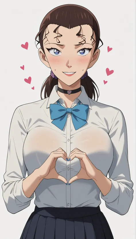 1girl, solo, Mizunashi_Reina's/Boruto, She's a tall and slender woman who has Waist-length hair, Brown hair, Tied-Down Hairstyle, blue Eyes, wearing Glassess, Embarrassed, Shy, smirk, Bedroom eyes, Hot, Sweating, breasts, looking at viewer, blush, smile, b...