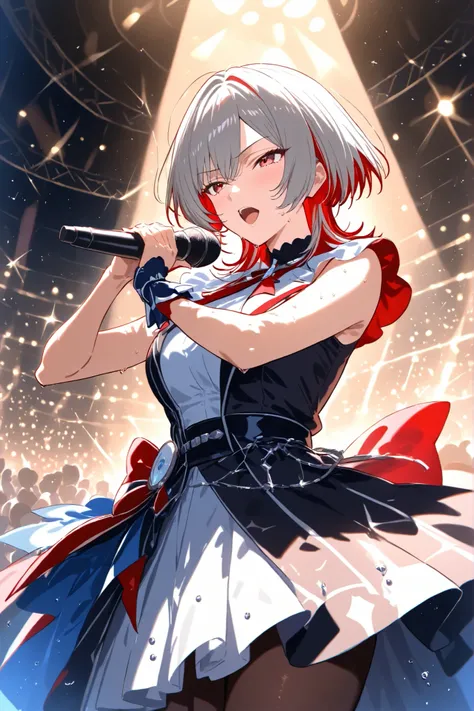 anime, masterpiece, best quality, 4K, solo, full-body, mature female idol on stage, gray hair with red highlights, red inner color, wolf cut hairstyle with sharp layers, side locks framing her face, sharp and calm eyes, composed expression, elegant and coo...
