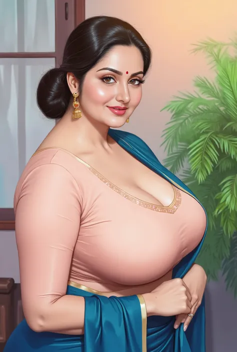 ((Centered composition, perfect framing, no cropping)), a high-quality painting by renowned artist Manimala, a traditionally styled Indian woman Ava Addams with a full, curvy body type, She wears a red bindi, delicate gold earrings, and a traditional low b...