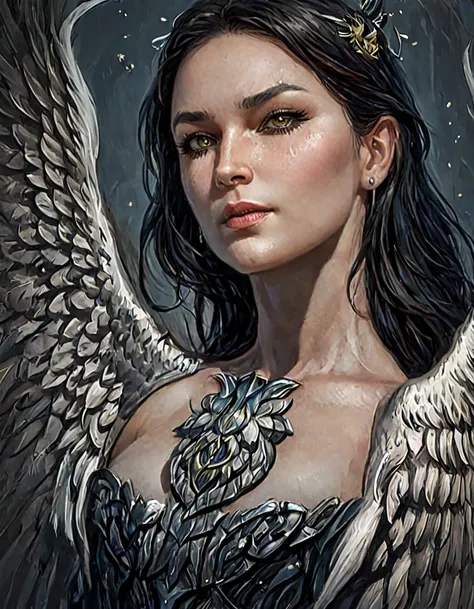 a medium shot of a woman with wings on her dress as a mystical valkyrie, large ravishing breasts, lovely round ass, exquisite cleavage, in style of anne stokes, raven angel wings cunningly fashioned into her dress , neoartcore and charlie bowater, with w...