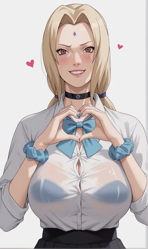 1girl, solo, Tsunade_Senju's/Boruto, She's a tall and Busty woman who has Waist-length hair, Blonde hair, Tied-Down Hairstyle, Brown Eyes, wearing Glassess, Embarrassed, Shy, smirk, Bedroom eyes, Hot, Sweating, breasts, looking at viewer, blush, smile, ban...