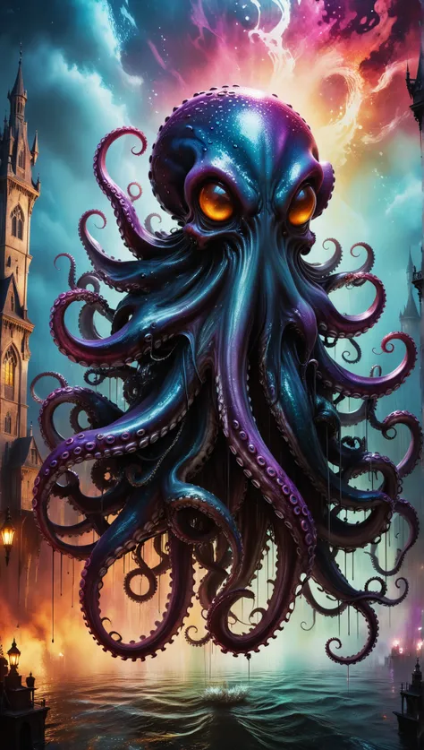 ultra wide angle, photorealistic medieval gothic recording of an exciting fusion between spawn and an octopus, leading to a new character, embodying elements of both, Menschen, sehen. black flow ink — photorealistic masterpiece in 8k resolution — by Aaron...