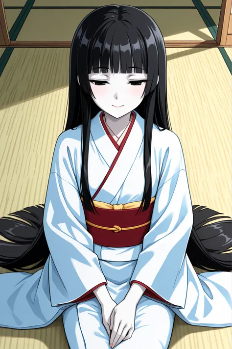 1 girl, beautiful girl,adult,18 years old,black eyes,narrow eyes,black hair, very long hair,blunt bangs,skinny,masterpiece,general,highres, ultra-detailed,very aesthetic,best quality ,best hands,best eyes,perfect anatomy,anime coloring,easynegative,kimono,...