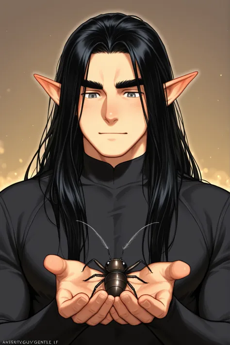 guy; elf; powerful insect and spider magic; elf; black long hair, black thick eyebrows , grey eyes; insects, kind, Cute, are gentle, guy; bara