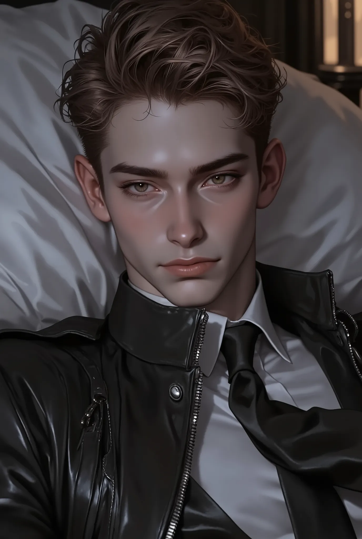 First person point of view, A handsome young man with short Goldenrod hair, hazel eyes, On the bed, Sit-up position, wearing: The upper part of the outfit consists of a sharp mix of rugged and refined elements: a MistyRose suede wrinkled zip-up jacket laye...