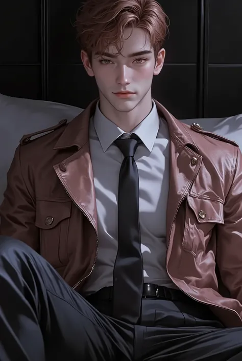 First person point of view, A handsome young man with short Goldenrod hair, hazel eyes, On the bed, Sit-up position, wearing: The upper part of the outfit consists of a sharp mix of rugged and refined elements: a MistyRose suede wrinkled zip-up jacket laye...