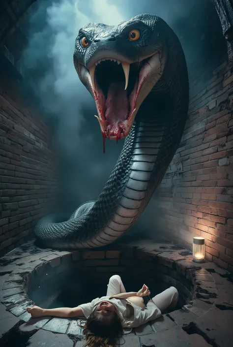 here we have a snake /(cobra, big jaws, bloody long sharp and pointed teeth, bloodshot eyes.)/ . the snake opens its mouth wide to swallow the woman..emerging from deep hole in the floor /(the ground of the cellar has a big hole, the cobra comes emerges fr...