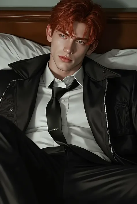 First person point of view, A handsome young man with short Tomato hair, hazel eyes, On the bed, Sit-up position, wearing: The upper part of the outfit consists of a sharp mix of rugged and refined elements: a DeepTomato suede wrinkled zip-up jacket layere...