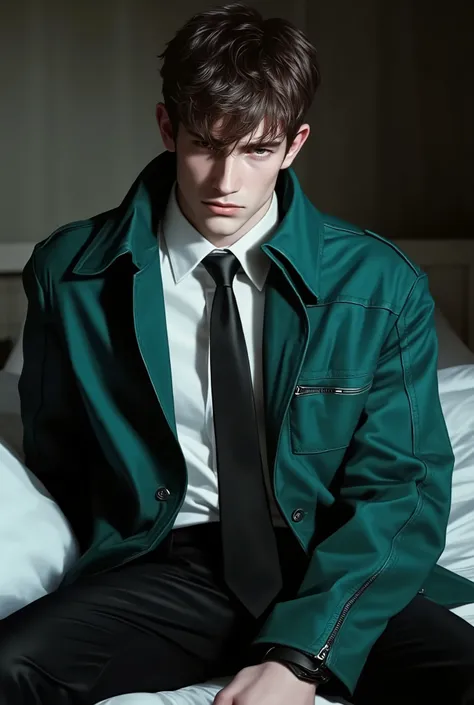 First person point of view, A handsome young man with short brunette hair, hazel eyes, On the bed, Sit-up position, wearing: The upper part of the outfit consists of a sharp mix of rugged and refined elements: a DeepDarkTurquoise suede wrinkled zip-up jack...