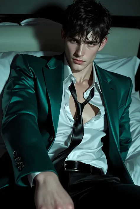First person point of view, A handsome young man with short brunette hair, hazel eyes, On the bed, Sit-up position, wearing: The upper part of the outfit consists of a sharp mix of rugged and refined elements: a DeepDarkTurquoise suede wrinkled zip-up jack...