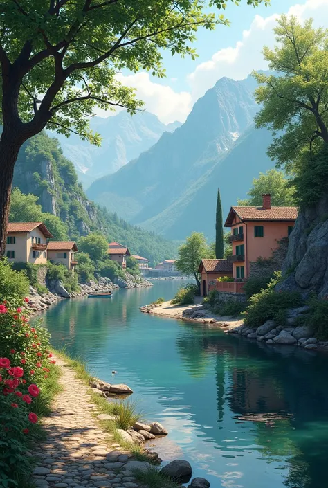 a small village by the river, mountains in the background, floral flowers colorful, detailed landscape, Beautiful natural landscapes, atmospheric lighting, scorching sunset, warm colours, practical, photopractical, Detailed Foliage, complex buildings, cobblestone street, Charming country house, swirly vibrant colors, lush vegetation, Still water reflections, Picturesque, idyllic, work of art, best qualityer, 8k, extremely detaild,anime styling