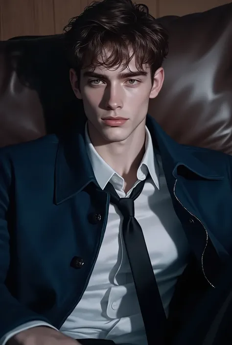 First person point of view, A handsome young man with short SaddleBrown hair, hazel eyes, On the bed, Sit-up position, wearing: The upper part of the outfit consists of a sharp mix of rugged and refined elements: a MidnightBlue suede wrinkled zip-up jacket...