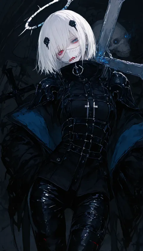 girl,short hair,white hair, x,in blue eyes,Coat,XX,mouth covering,Black suit, Black costume,Black Latex Strap,Long shawl shoulders, black pants ,slim,Skull Head Ornament,Cyberสีดำ,awesome,cross,cute, Assassin ,Fabric pants ,Coatคลุมตัว,x costume, White Mas...