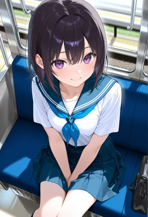 Nsfw,School uniform、dark hair medium、sitting on a train、angle from above、、middle school students、looking at camera、into my hair、 Smile