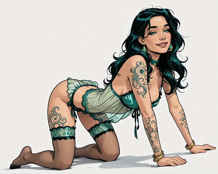 Solo, 1girl, High Resolution, Long Hair, medium Breasts, Blush, black hair, white background, manga Style, lightbluegreen hot lingerie, naughty look, no headwear, full body, asian hairstyle, bracelets, black thigh high stockings, earrings, thigh tattoos, a...