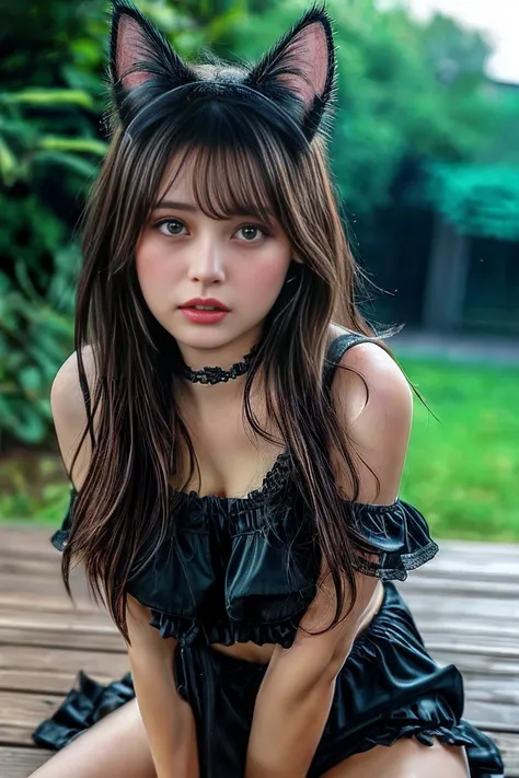 (Cat ears:1.2), masterpiece, best quality, illustration, Ultra HD, details , high definition , 8k, perfect dynamic composition, beautiful expressive eyes, Natural lip shape , skinny girl, dark hair dark eyes, Ukrainian appearance, big breasts, Casual sexy positions, Lean forward,legs up,spreading legs, various posing, focus, protruding wedge-shaped neckline,(behind), with stain panties, beautiful hips, underwear, ass close-up, close-up , various outdoors,  The girl has underwear at all.  You can see a close-up of fir, hand on crotch, caresses the vagina, fingers in her vagina, realistic photo 