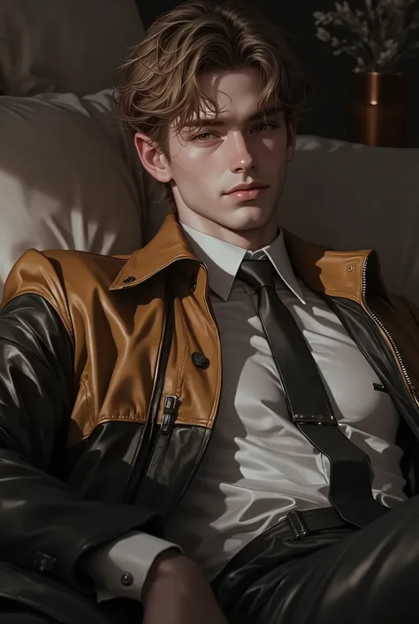 First person point of view, A handsome young man with short Goldenrod hair, hazel eyes, On the bed, Sit-up position, wearing: The upper part of the outfit consists of a sharp mix of rugged and refined elements: a BlanchedAlmond suede wrinkled zip-up jacket...
