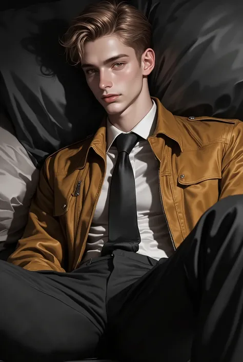First person point of view, A handsome young man with short Goldenrod hair, hazel eyes, On the bed, Sit-up position, wearing: The upper part of the outfit consists of a sharp mix of rugged and refined elements: a BlanchedAlmond suede wrinkled zip-up jacket...