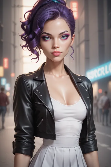 A breathtakingly beautiful woman with short, vibrant purple hair styled in a chic, edgy cut. Her features are delicate yet striking, with luminous skin, expressive eyes highlighted with subtle makeup, and soft, glossy lips. She wears a modern, stylish outf...