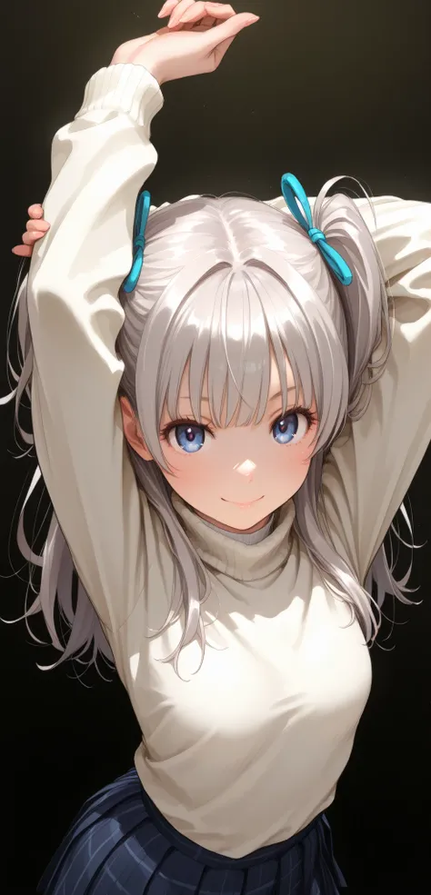 1 girl,looking at viewer, from above, upper body,natural relaxed pose,contrapposto pose,Stretching with arms raised, petite body, slender figure, small breasts, small frame, innocent smile, bright blue eyes, fair smooth skin, rosy cheeks, glossy lips, cute...
