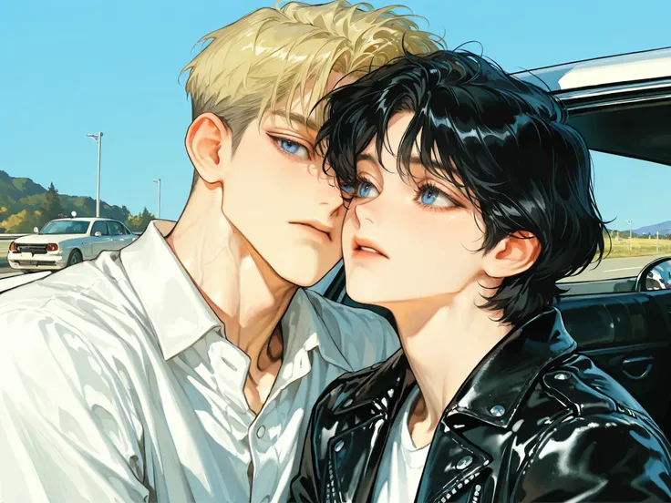 beautiful masterpiece, Complex Details, accurate description , 2 people, male 1{ black hair,handsome,Close-up facial depiction of a dot,adult.27 years old,handsome, affectionate atmosphere ,short hair,right Garma,mature,blue-gray eyes,bright skin,light mu...
