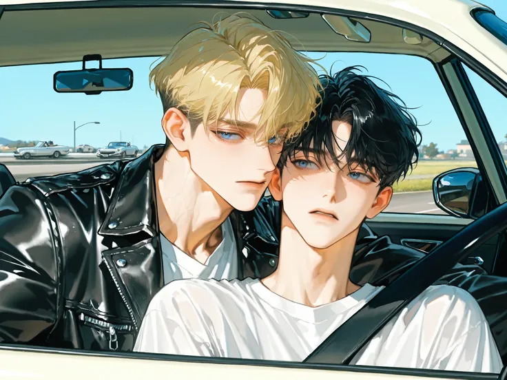 beautiful masterpiece, Complex Details, accurate description , 2 men, male 1{ black hair,handsome,Close-up facial depiction of a dot,adult.27 years old,handsome, affectionate atmosphere ,short hair,right Garma,mature,blue-gray eyes,bright skin,light muscl...