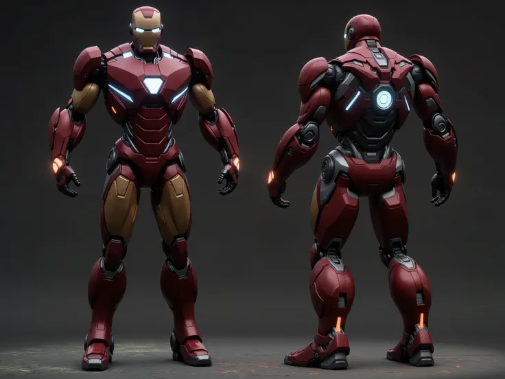 Create a highly detailed image of a prototype armor inspired by Ironman Mark VI, designed in a retro style. The armor should feature the following elements:
1. **Overall Design**: Full-body 6ft armor with a vintage aesthetic, emphasizing a rugged, industr...