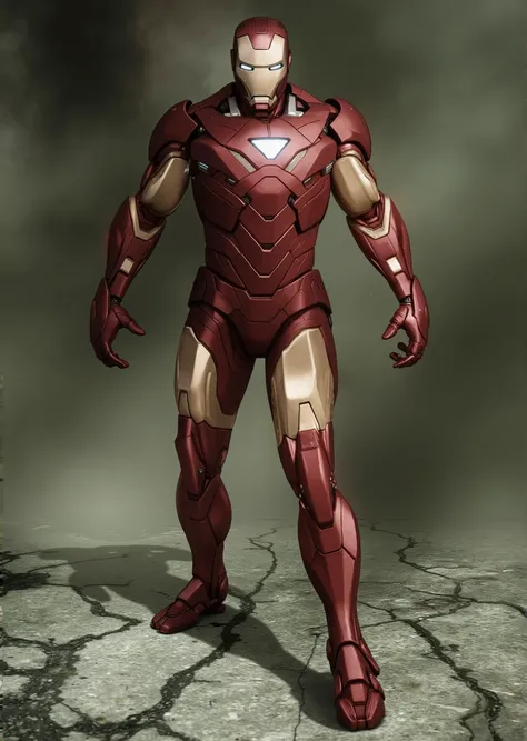 Create a highly detailed image of a prototype armor inspired by Ironman Mark VI, designed in a retro style. The armor should feature the following elements:
1. **Overall Design**: Full-body tall armor with a vintage aesthetic, emphasizing a rugged, indust...