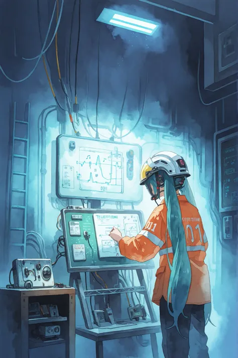 watercolor, Picture book style, Cyberpunk, The Town Where Musical Notes Float, Music Town ,1 girl, Hatsune Miku, Machine, Electric Shock Station, electrician, helmet, electrical appliances, high voltage wires, Circuit breaker, electrical pressure measureme...