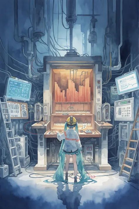 watercolor, Picture book style, Cyberpunk, The Town Where Musical Notes Float, Music Town ,1 girl, Pipe organ maintenance,  Hatsune Miku, Machine, Electric Shock Station, electrician, helmet, electrical appliances, high voltage wires, Circuit breaker, elec...