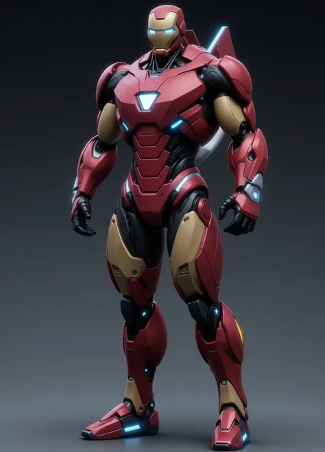 Create a highly detailed image of a prototype armor inspired by Ironman Mark VI, designed in a retro style. The armor should feature the following elements:
1. **Overall Design**: Full-body tall armor with a vintage aesthetic, emphasizing a rugged, indust...