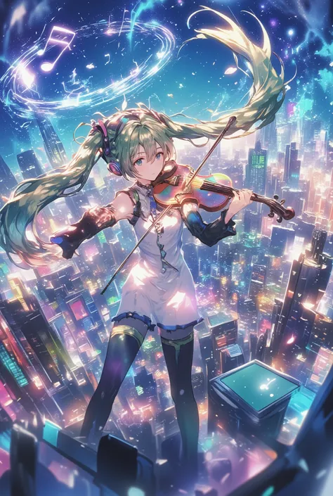 ( masterpiece、 Highest Quality、 Highest Quality、Official Art、 beautiful beautiful :1.2) Hatsune Miku、LIGHT GREEN TWIN TAILS, beautiful breasts, (masterpiece:1.3), (Highest Quality:1.3), (ultra detail:1.2), ( highly detailed skin:1.2), ( WITH A DELICATED...