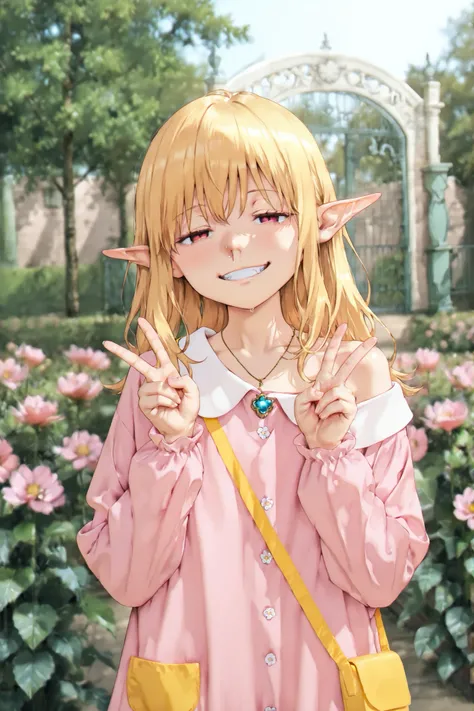serie, solo,1girl, blurry, blurry background, depth of field, bare shoulders,person off-center,slight angle, evil smile,grin,pointy ears, half-closed eyes, upper body, off shoulder, jewelry, necklace, BREAK,score_9, score_8_up, score_7_up, score_6_up, scor...