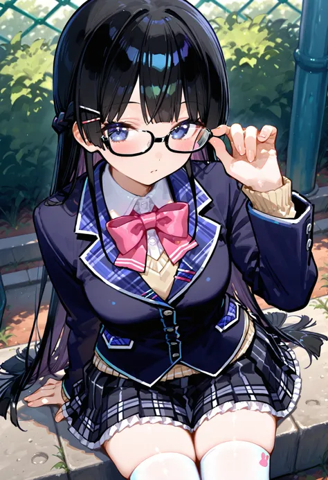 748cmstyle。Tsukino Mito (Nijisanji)。Raise your blazer refining。Black Glasses。Raise your glasses with your finger 。Fashion glasses。check skirt on concrete