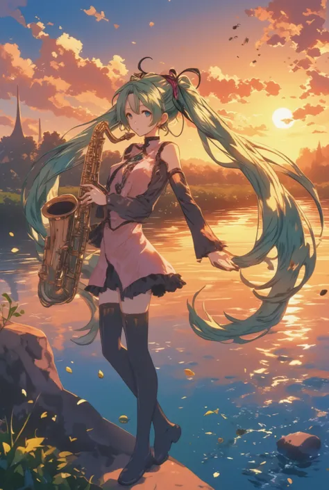 ( masterpiece、 Highest Quality、 Highest Quality、Official Art、 beautiful beautiful :1.2) Hatsune Miku、LIGHT GREEN TWIN TAILS, beautiful breasts, {{{masterpiece,Highest Quality,very delicate and beautiful}}}, woman playing saxophone on a riverbank illumi...