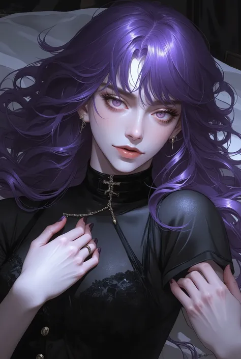 a very close up picture of a mesmerizing woman with long purple flowy hair posing with an etheral expression face lying on the bed her hair spread as she wears a plain black dress
