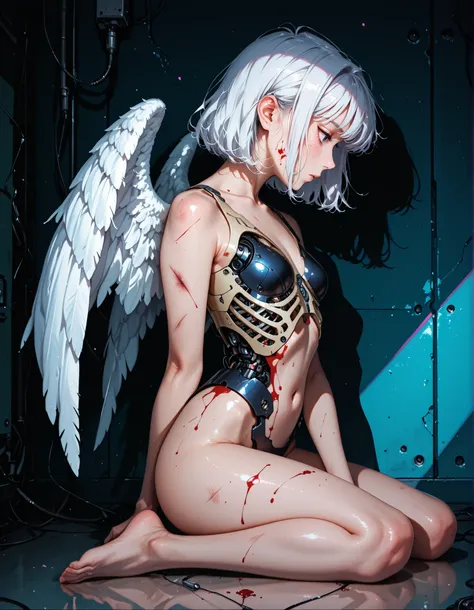 gobo lighting, shadow, solo, masterpiece,best quality,good quality,very awa,newest,highres,absurdres,1girl,wings,solo,blood,short hair,sitting,barefoot,angel wings,feathered wings,profile,white hair,,from side,wariza,mechanical parts,ribs,white wings,navel...
