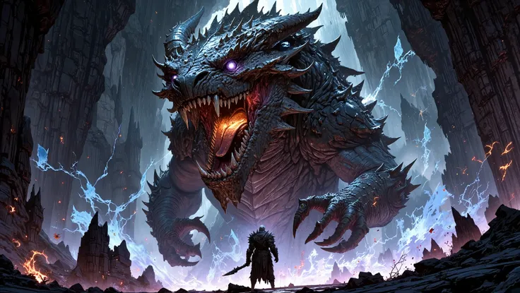 Highly detailed illustration, fantasy battle scene. Two characters in frame: a brave knight and a monstrous dragon. Third-person perspective, low angle, medium shot, from behind the knight. The knight stands in the foreground, facing the dragon. He is athl...