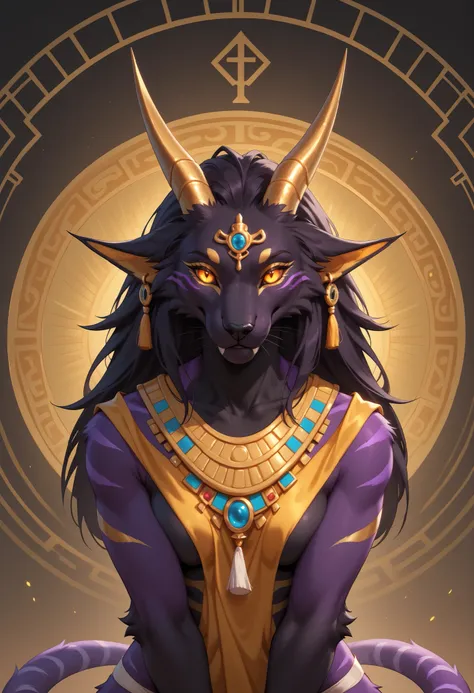 alone, score_9,score_8_up,score_7_up, anthro, female, Eothos, ((front view)), ((looking at viewer)), furred dragon, golden mark on forehead, front half of body black with golden stripes, black muzzle, black long black ears, long straight golden horns, gold...