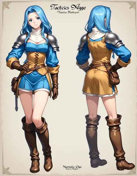 Tactics Ogre style,Medieval Fantasy Style、blue hair,cool ,in a dynamic pose、nostalgia,『Sleepless nights』
