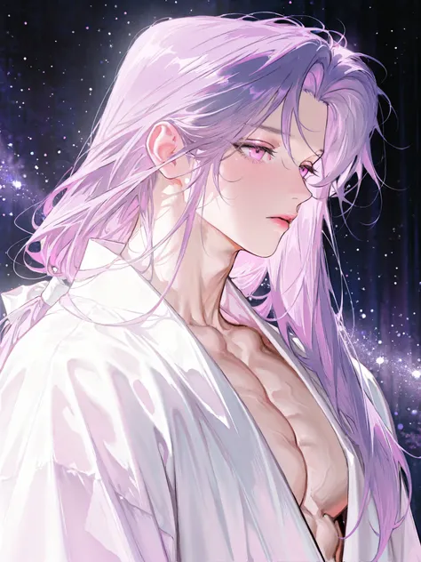 beautiful masterpiece, Complex Details, accurate description , anatomically accurate, male, 1 person, alone, male, suitable muscles, mature, dreamy , Purple long hair, pink eyes, tempting, Gumiho, oriental, male